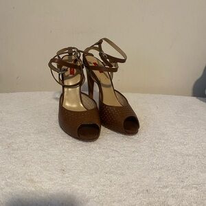 Brioni Brown Perforated Peep-Toe Ankle Strap Heels
